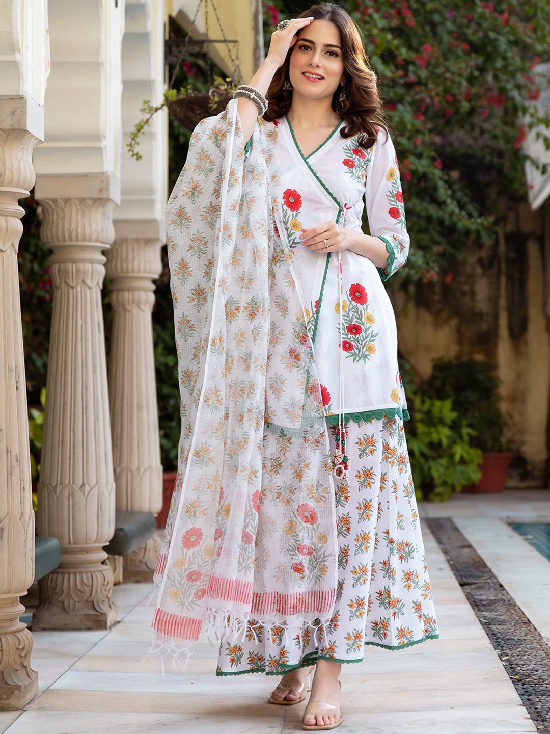 

Bunaai Floral Printed Pure Cotton Kurta with Palazzos & Dupatta, White