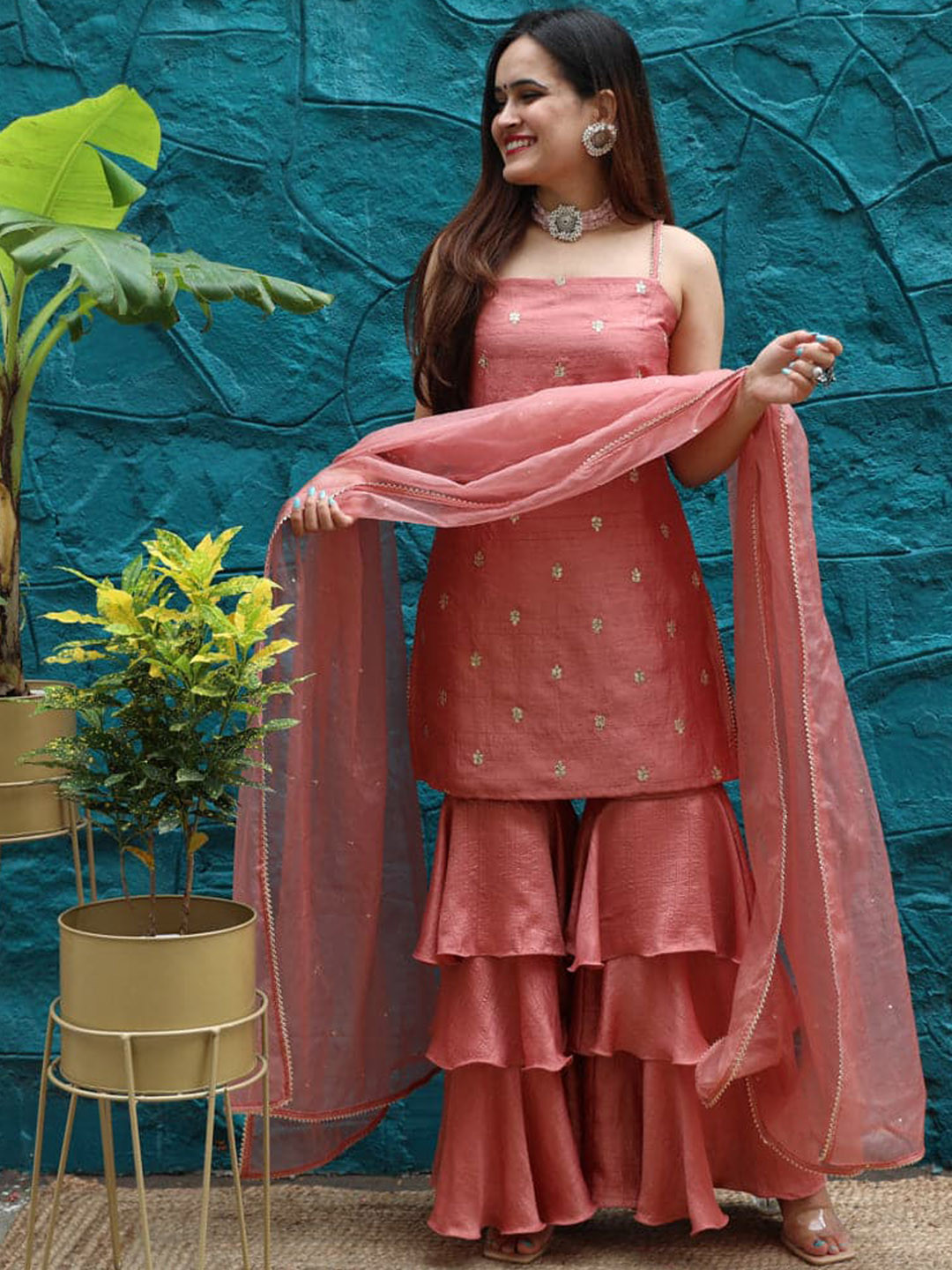 

Bunaai Ethnic Motifs Printed Pure Cotton Kurta with Sharara & Dupatta, Pink