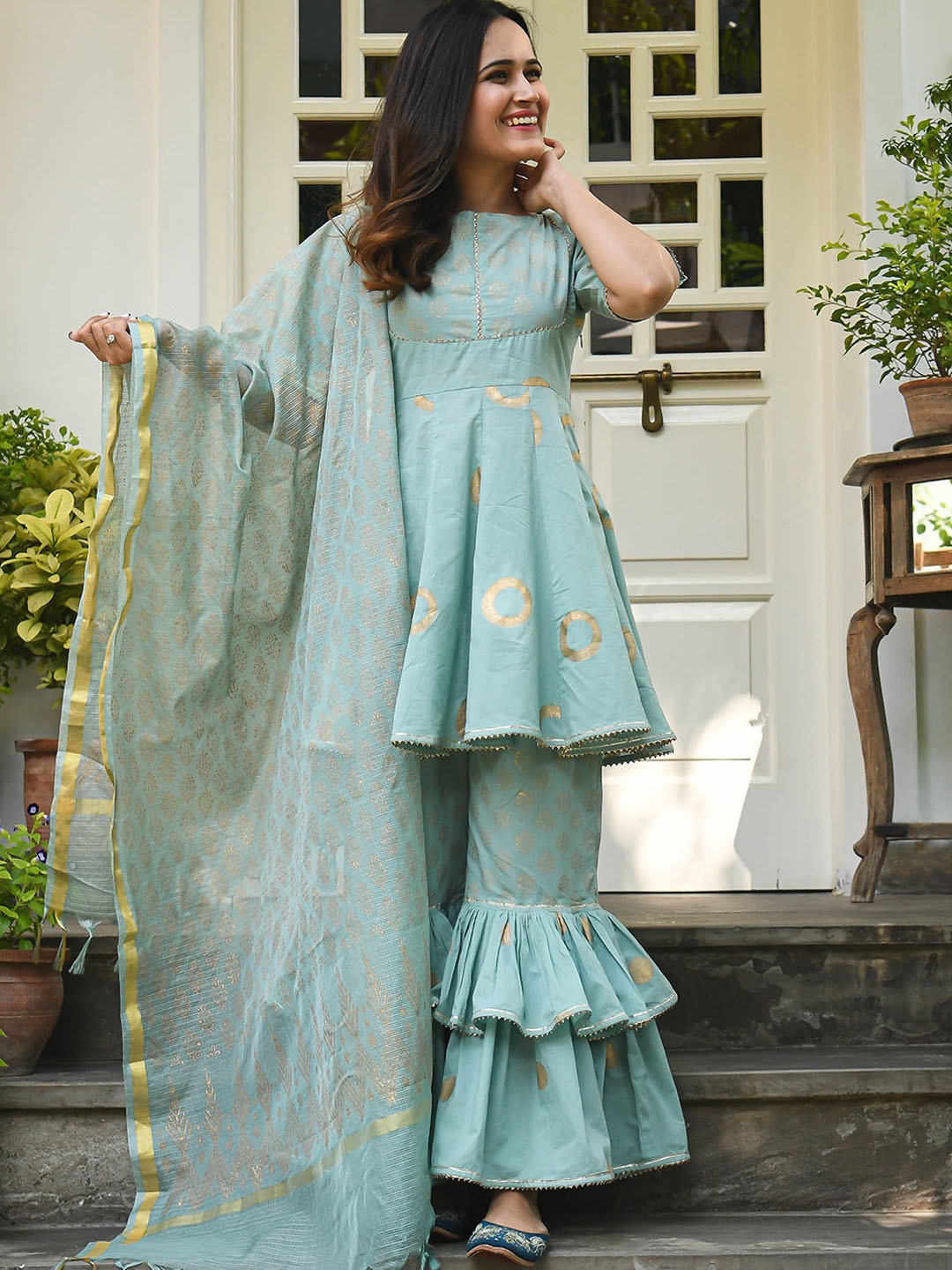 

Bunaai Printed Pure Cotton Kurta with Sharara & Dupatta, Green