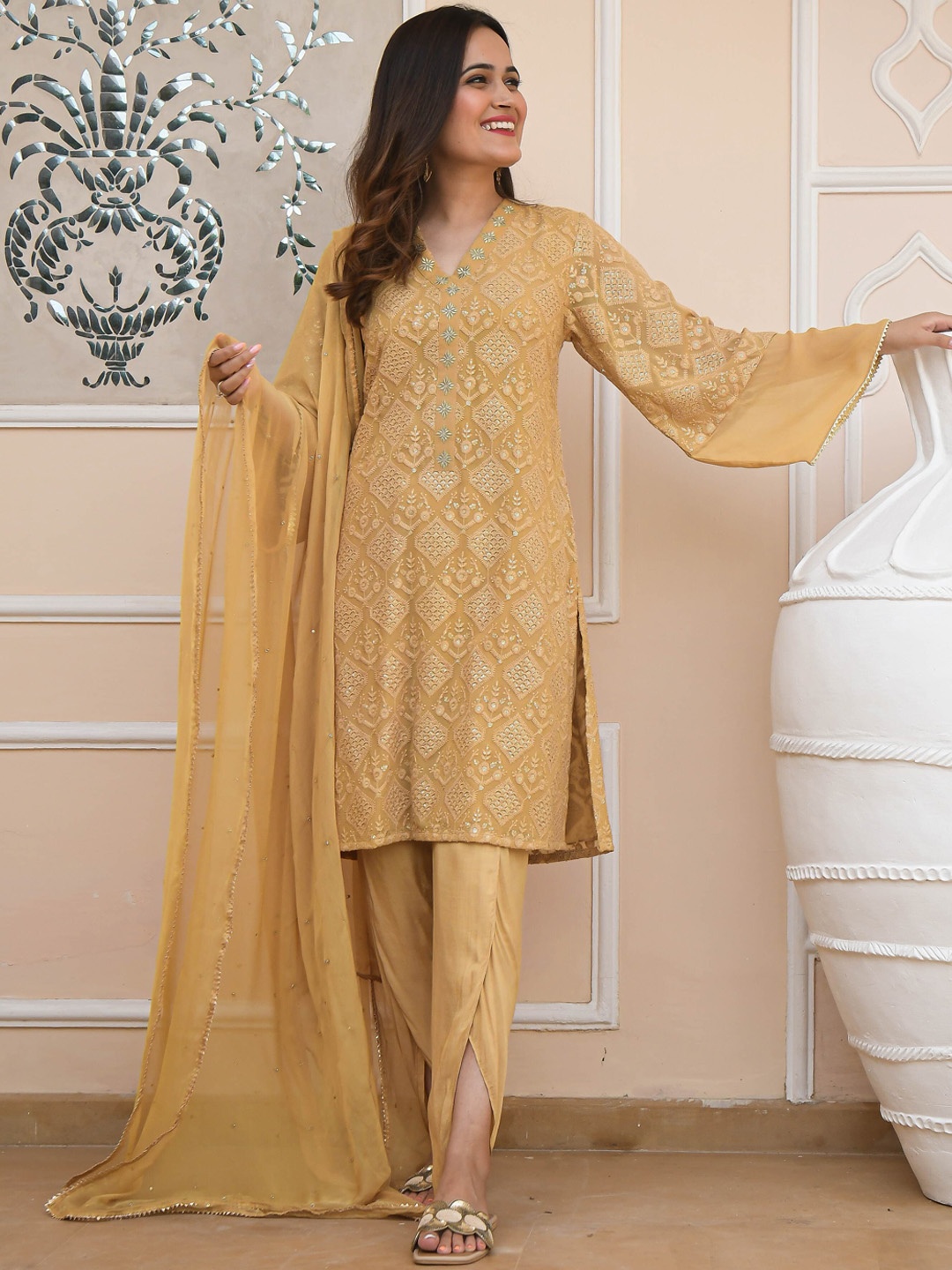 

Bunaai Floral Embroidered Pure Cotton Kurta with Dhoti Pants & Dupatta, Yellow
