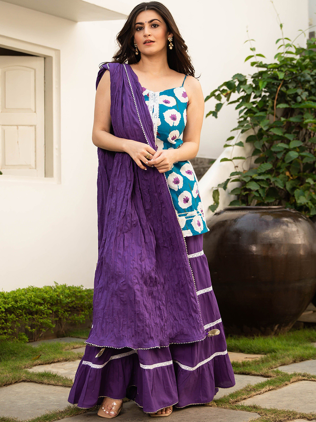 

Bunaai Floral Printed Pure Cotton Kurta with Sharara & Dupatta, Purple