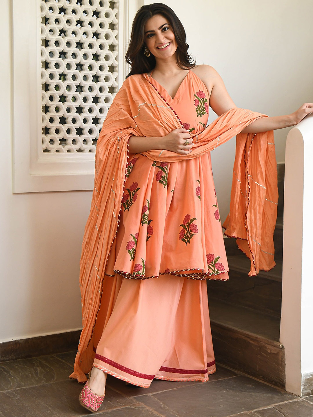 

Bunaai Floral Printed Pure Cotton Kurta with Sharara & Dupatta, Peach