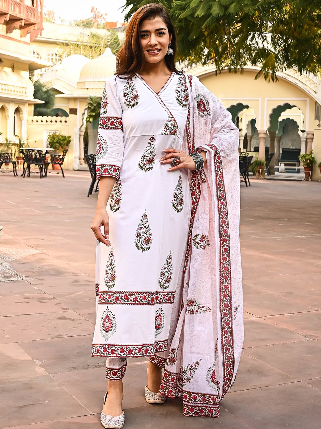 

Bunaai Floral Printed Angrakha Pure Cotton Kurta with Palazzos & Dupatta, White