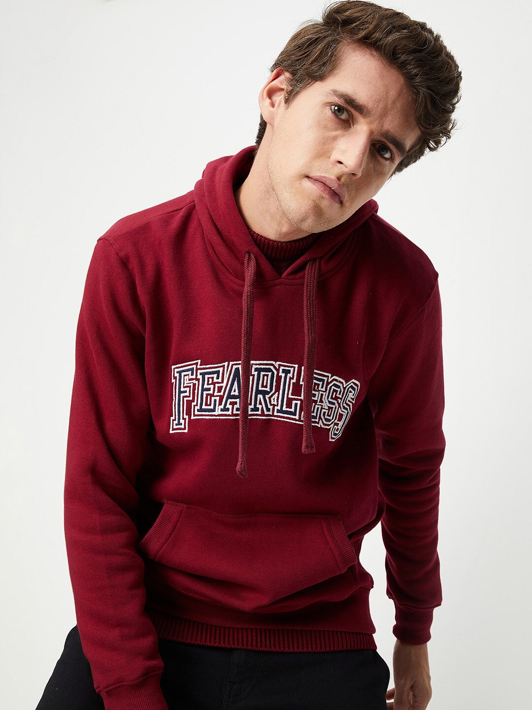 

max Men Red Printed Hooded Sweatshirt