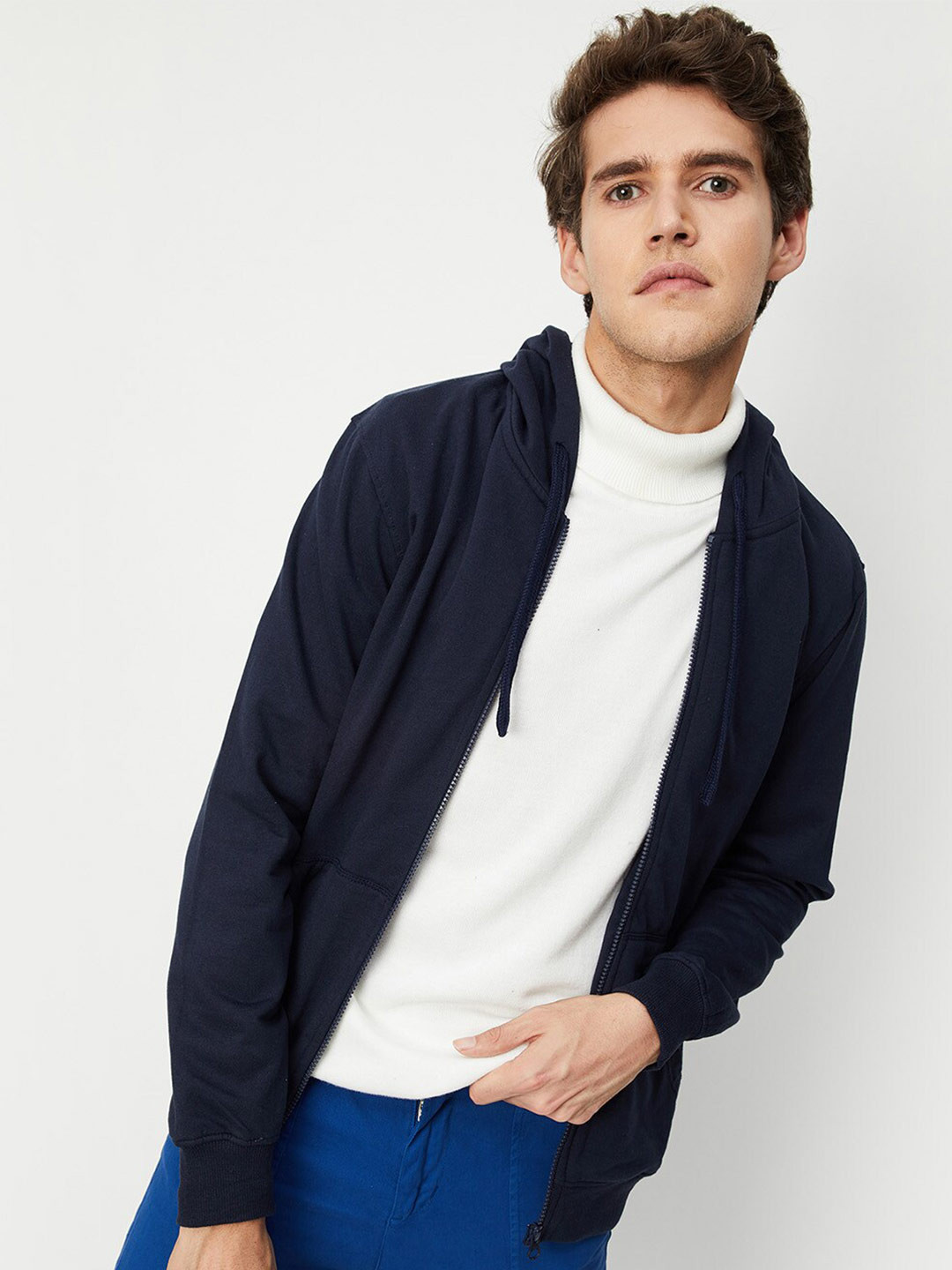 

max Men Blue Hooded Cotton Sweatshirt