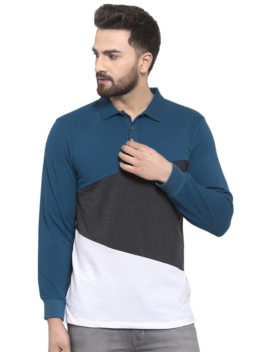 

Kalt Men Green & Charcoal Colourblocked Polo Collar Cotton T-shirt