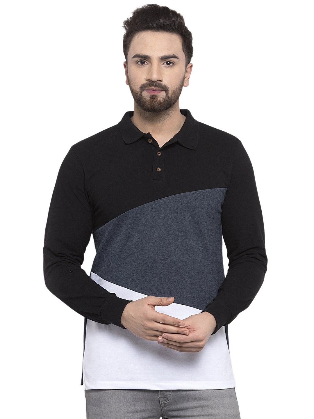 

Kalt Men White & Black Colourblocked Polo Collar Cotton T-shirt