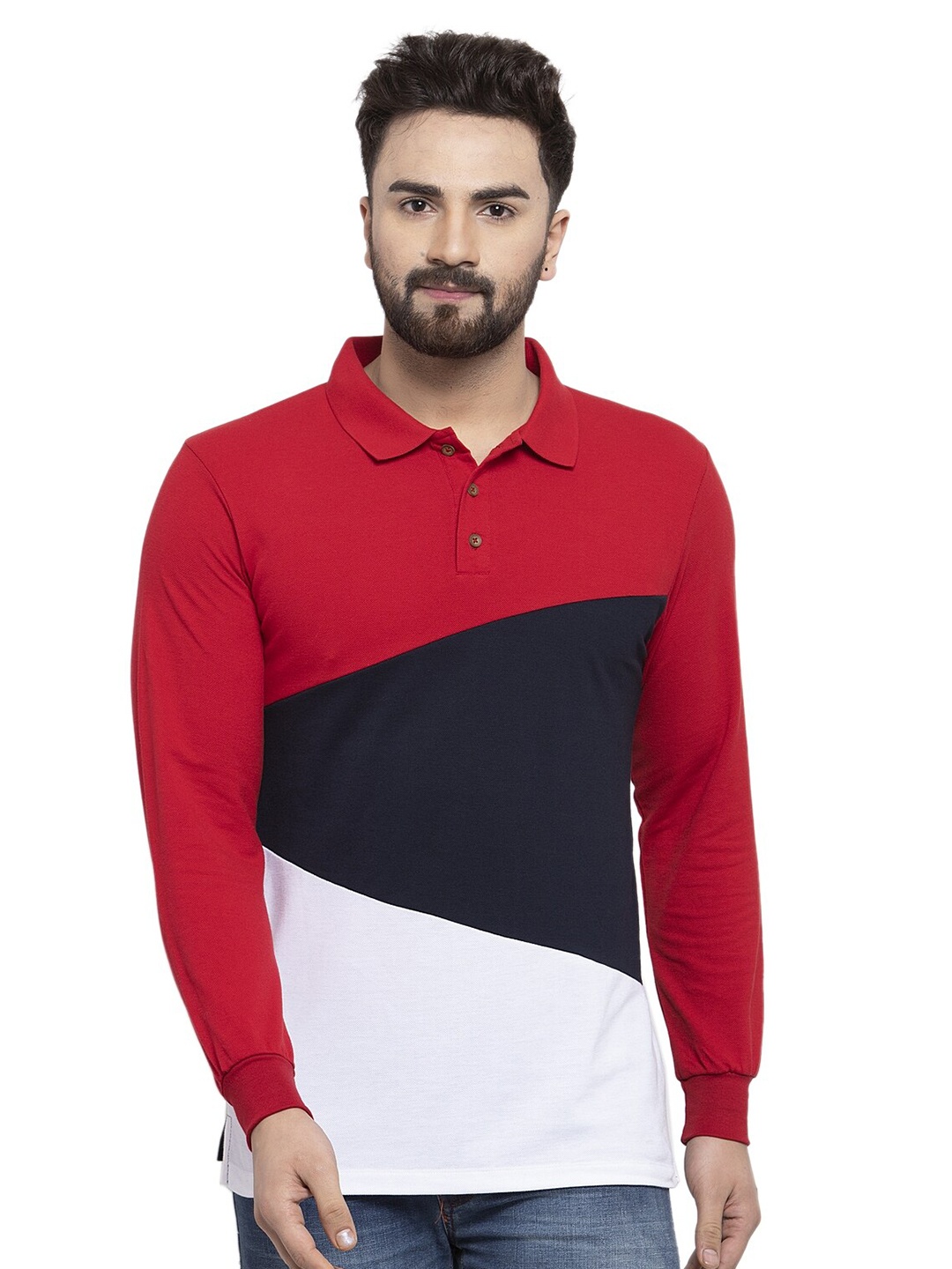 

Kalt Men Red & Black Colourblocked Polo Collar Cotton T-shirt