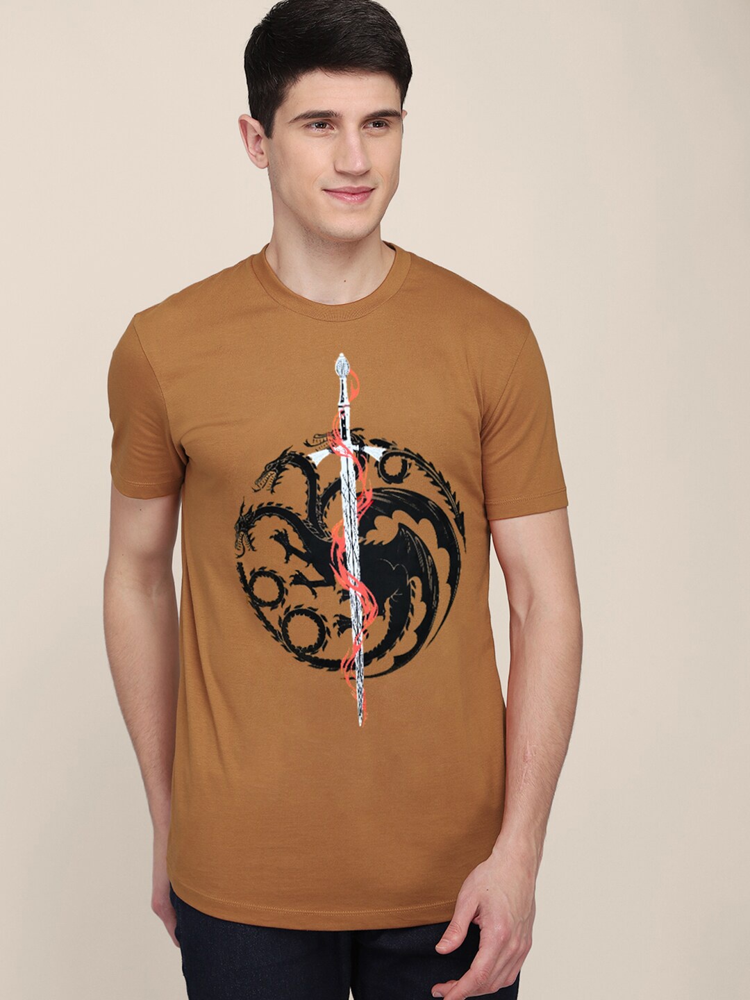 

Free Authority Men House Of Dragon Brown & Black Printed Cotton T-shirt