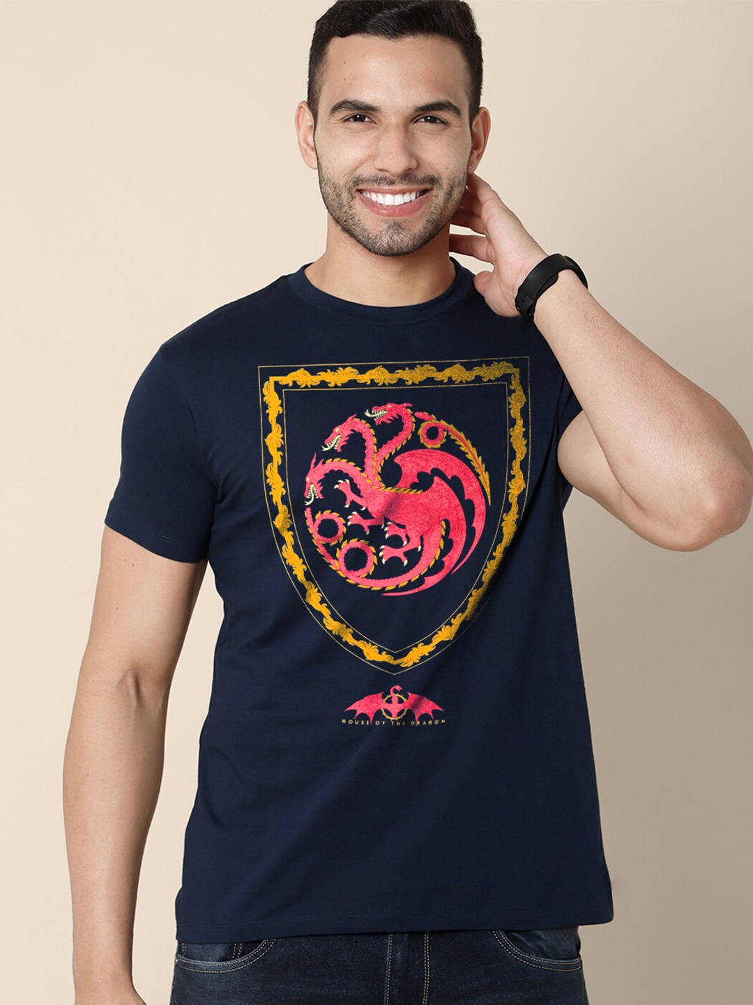 

Free Authority Men House Of Dragon Navy Blue & Yellow Printed Cotton T-shirt