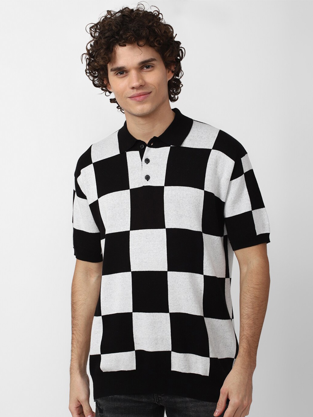 

FOREVER 21 Men Black Checked Polo Collar Pure Cotton Monochrome T-shirt