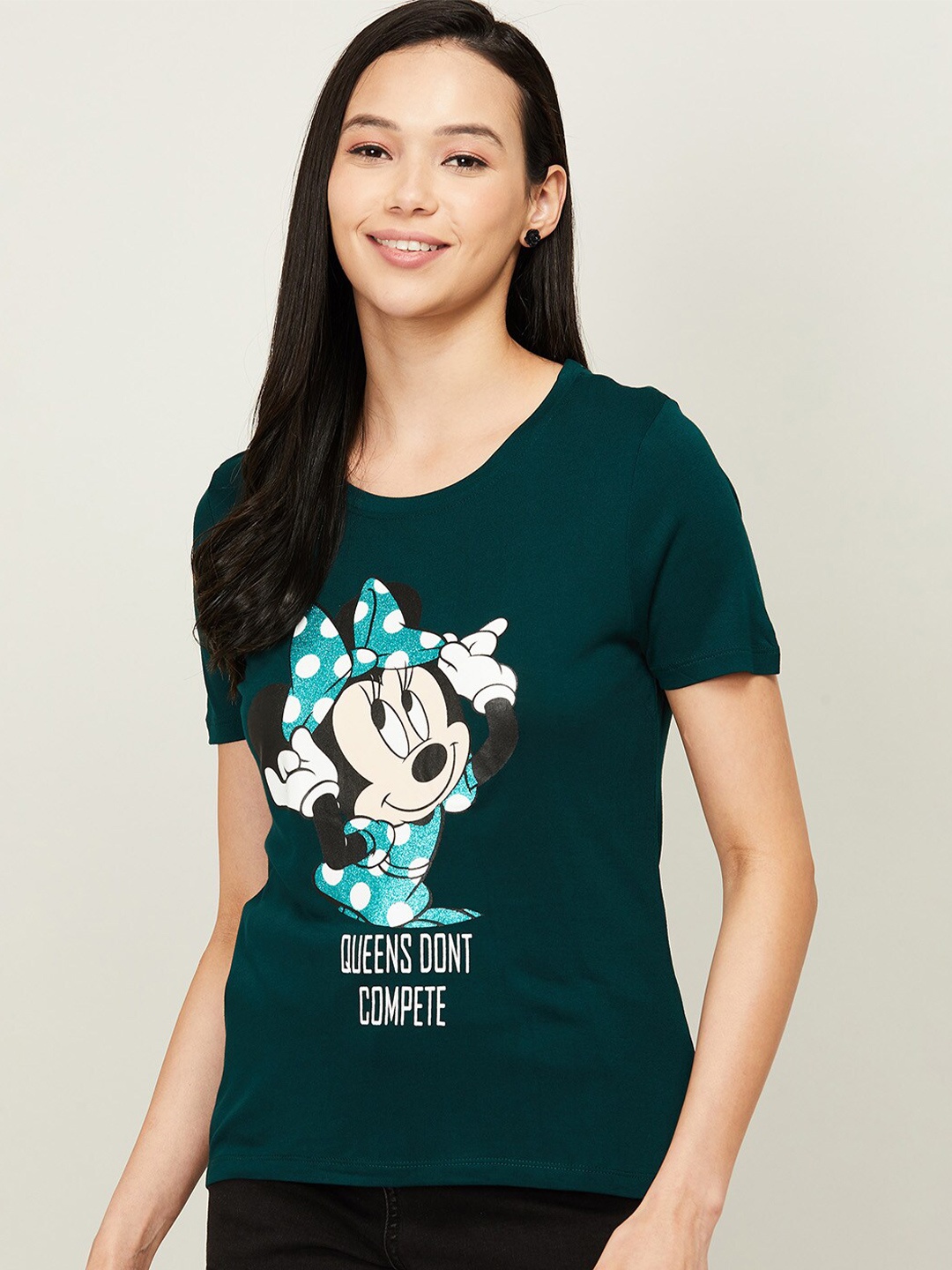 

Ginger by Lifestyle Women Mickey Mouse Printed Round Neck T-shirt, Green
