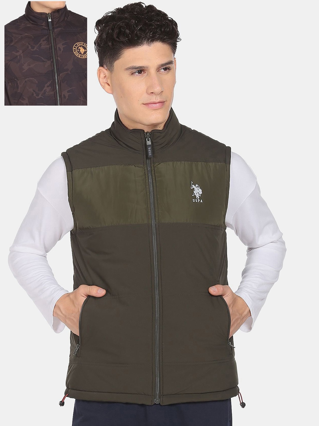 

U S Polo Assn Denim Co Men Green Colourblocked Reversible Padded Jacket with Patchwork