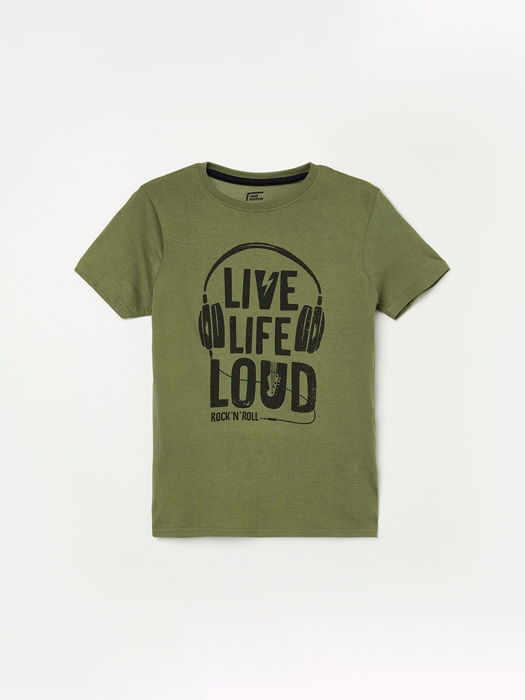 

Fame Forever by Lifestyle Boys Olive Green Typography Printed Cotton T-shirt