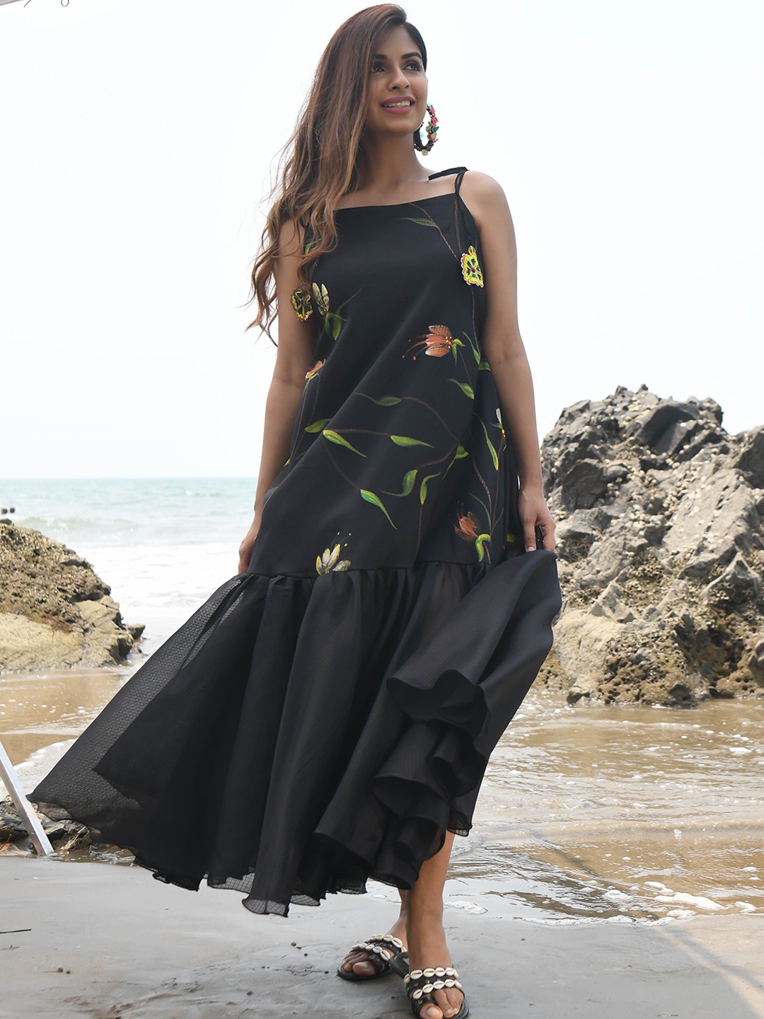 

Bunaai Printed Pure Cotton Maxi Gown, Black