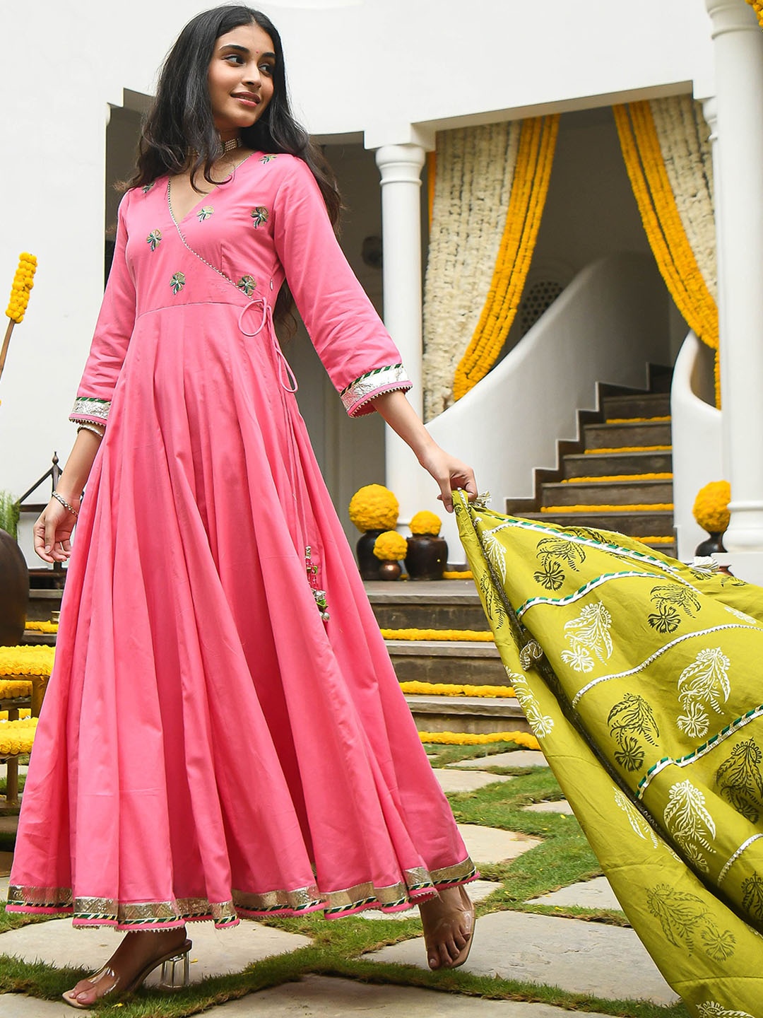 

Bunaai Varahi Pure Cotton Embroidered Ethnic Dress With Dupatta, Pink