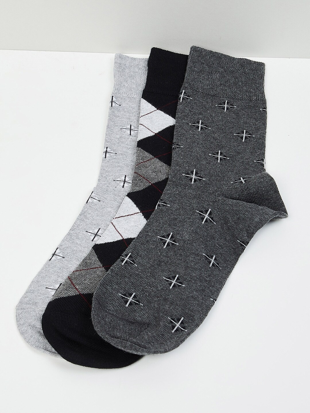 

max Men Pack Of 3 Patterned Above Ankle-Length Socks, Grey