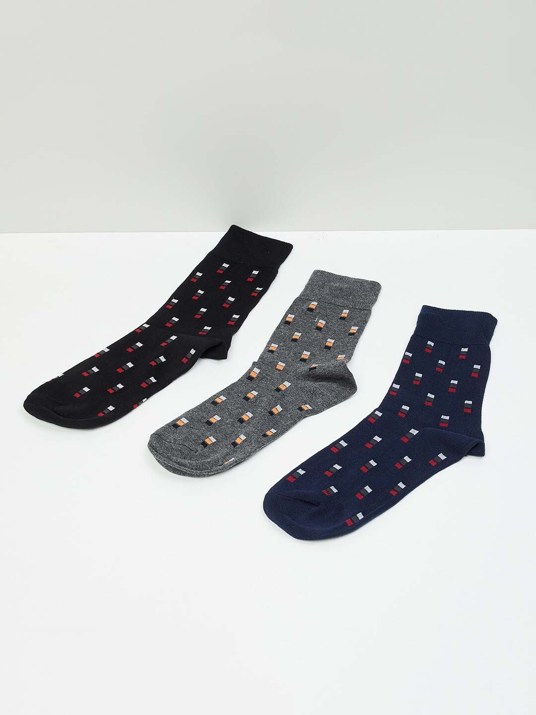 

max Men Pack Of 3 Patterned Above Ankle-Length Cotton Socks, Navy blue