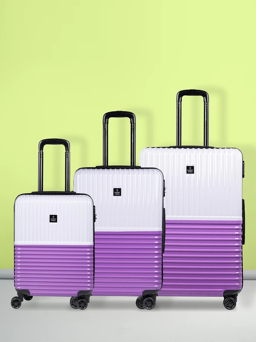 

Nasher Miles Istanbul Hard ABS & PC Set of 3 S/M/L White Purple Trolley Bags 55-65-75cm
