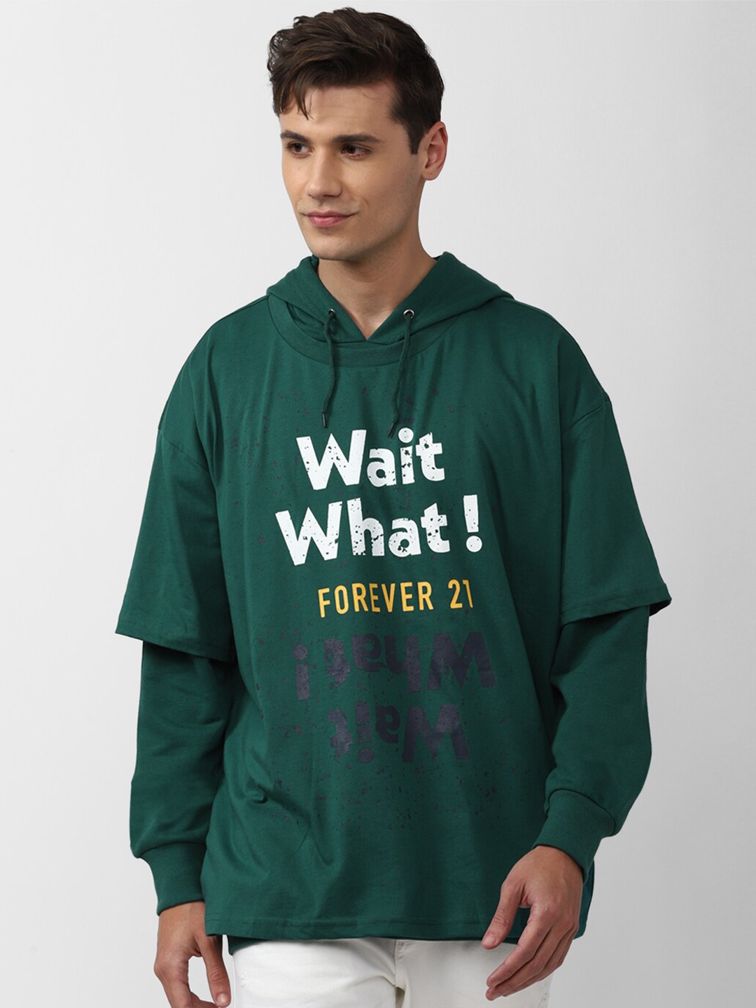 

FOREVER 21 Men Green Printed Hooded Sweatshirt