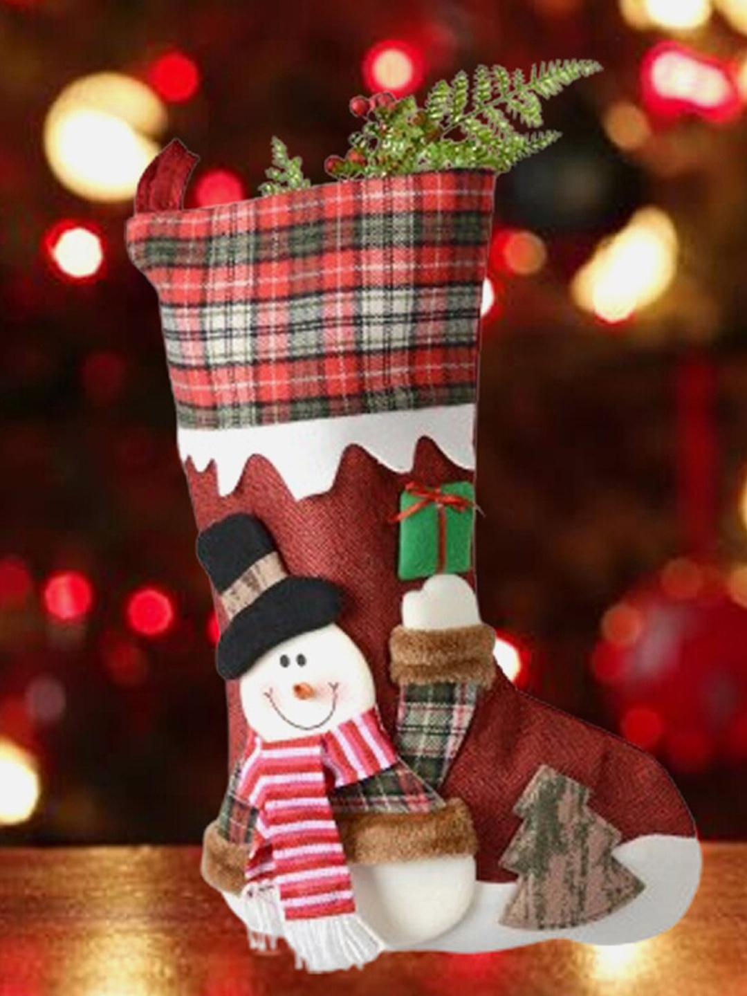 

Little Surprise Box LLP Maroon & White Snowfall Jute & Checks Style Snowman Stockings