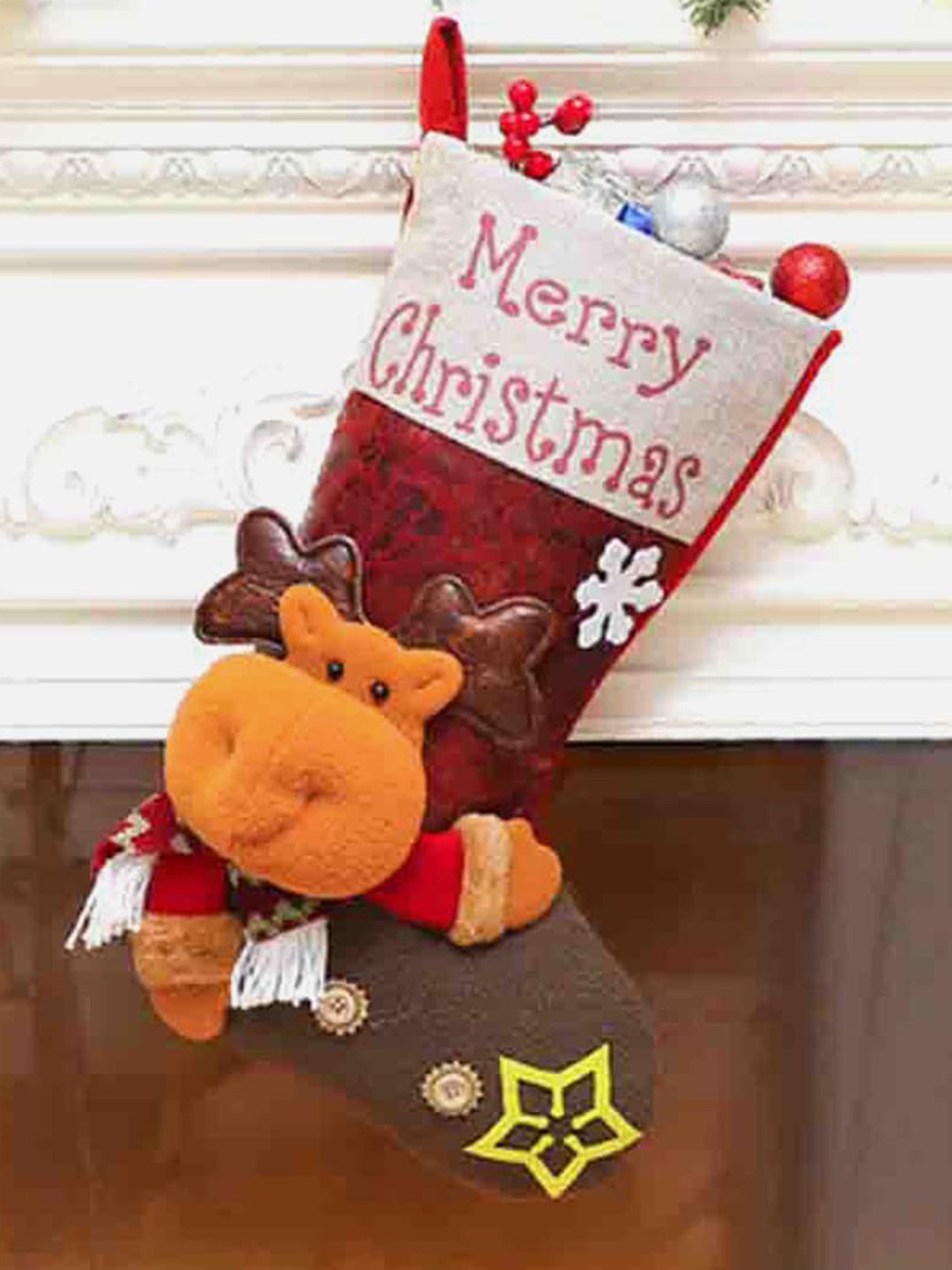 

Little Surprise Box LLP Red Merry Christmas Printed 3d Rudolf Face Stockings