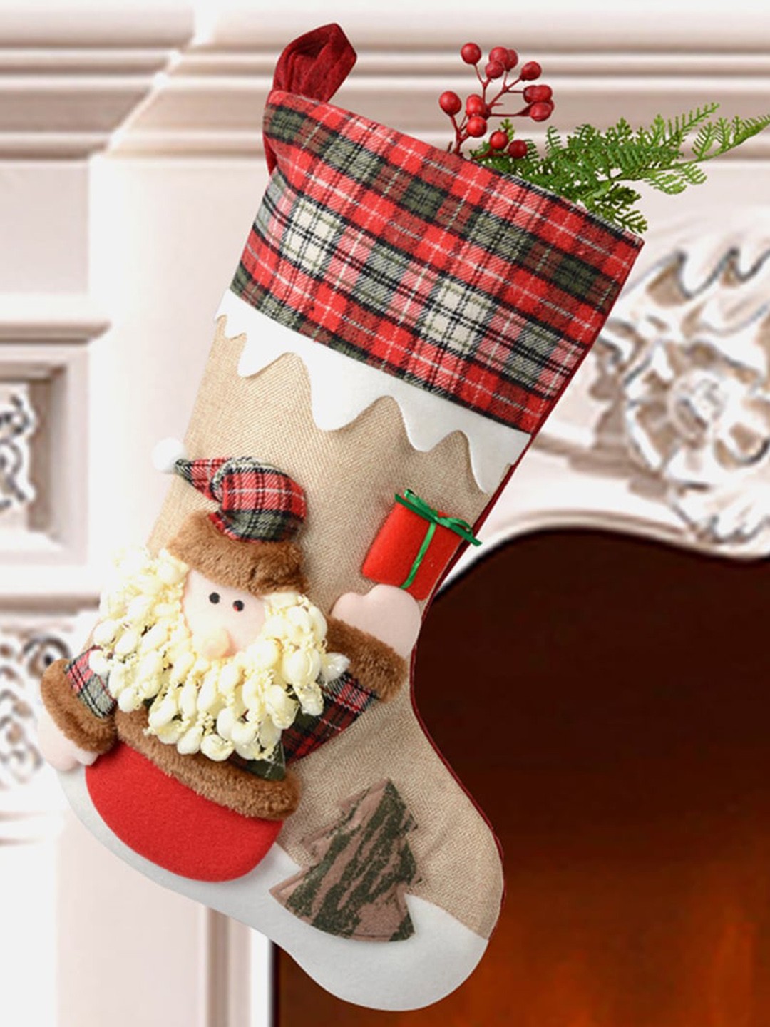 

Little Surprise Box LLP Beige Snowfall Jute & Santa Stockings Christmas Tree Decor