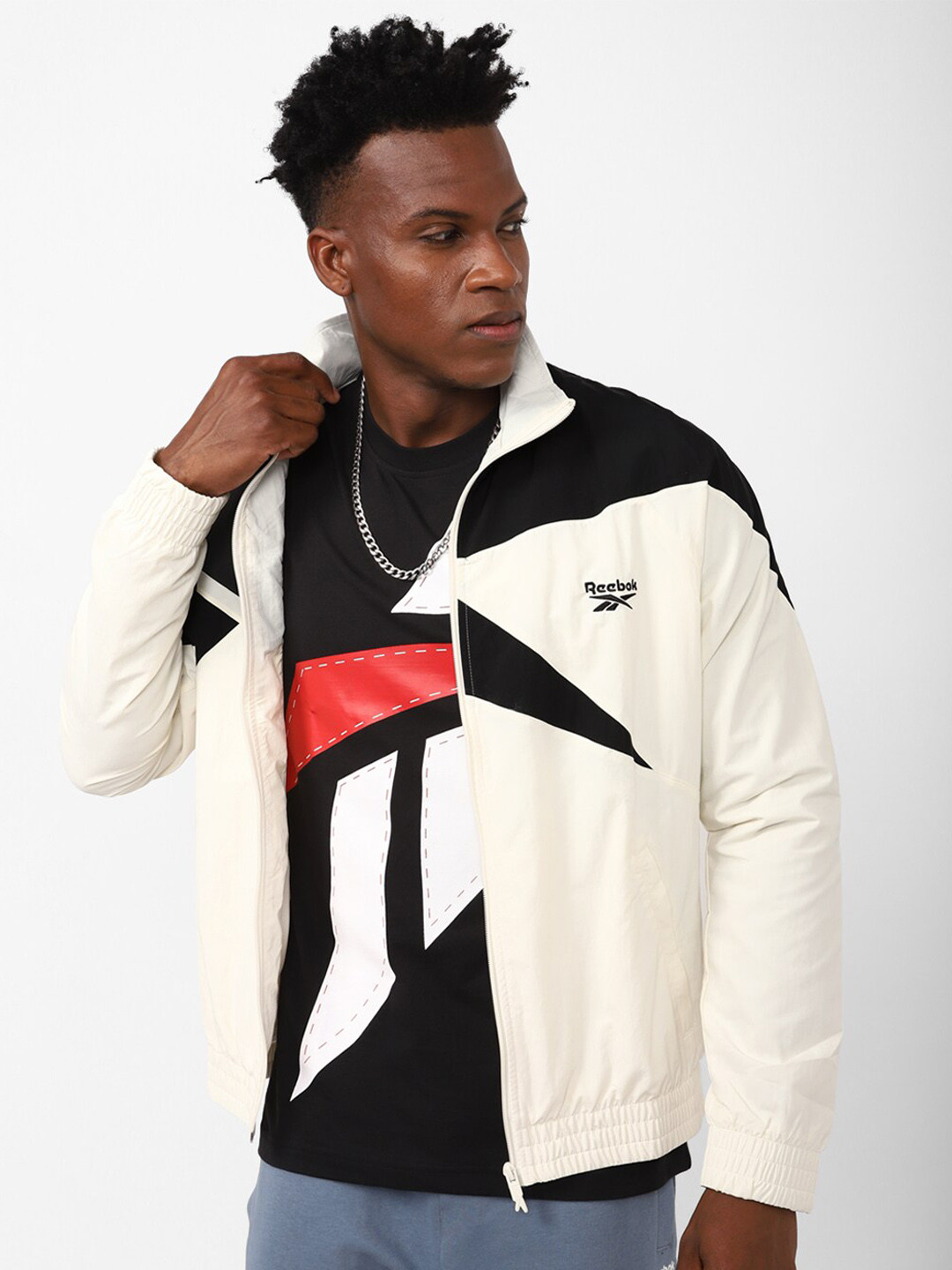 

Reebok Men White Black Colourblocked Sporty Jacket