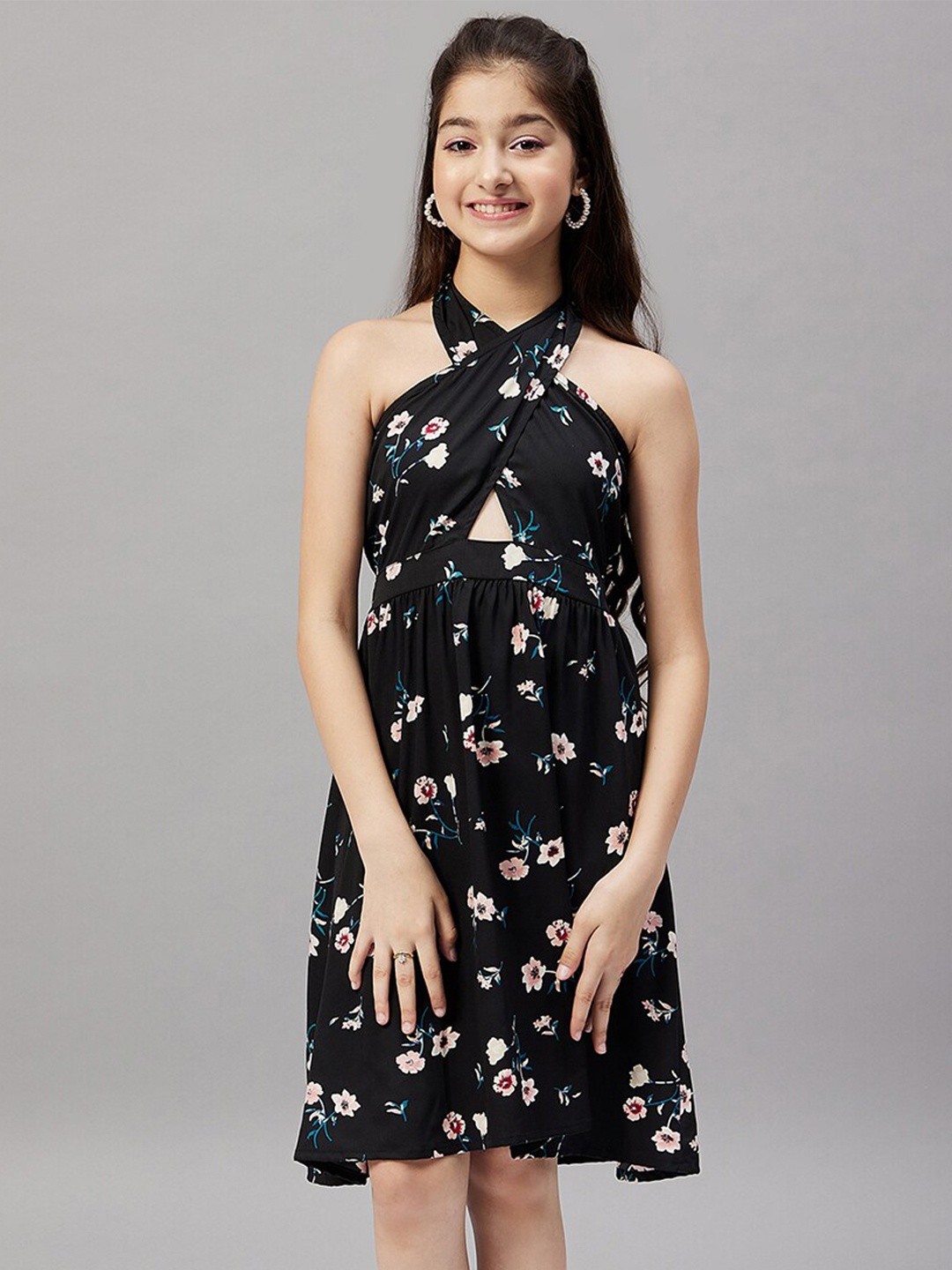 

Stylo Bug Girls Floral Printed Smocked Halter Neck A-Line Dress, Black