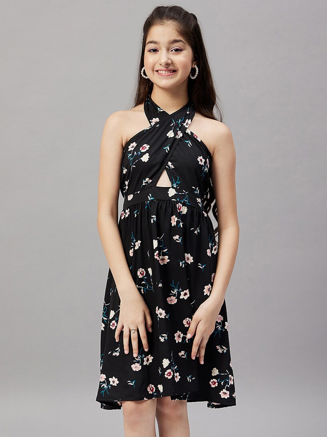 

Stylo Bug Girls Floral Printed Halter Neck A-Line Dress, Black