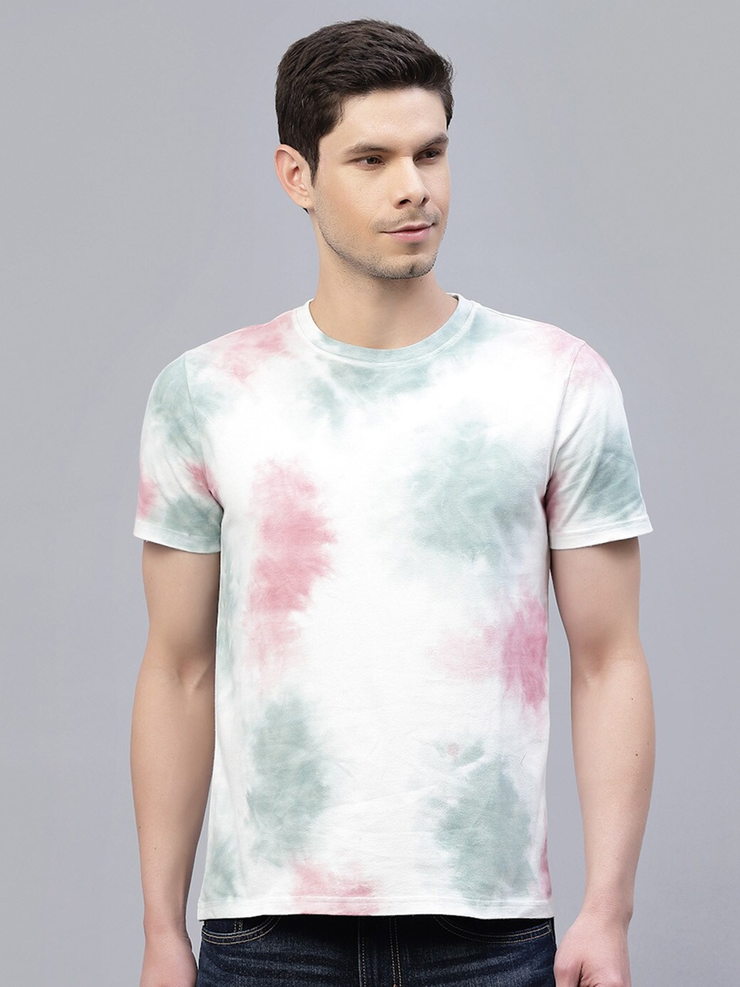 

Nimble Men White & Green Cotton Tie and Dye Dyed T-shirt