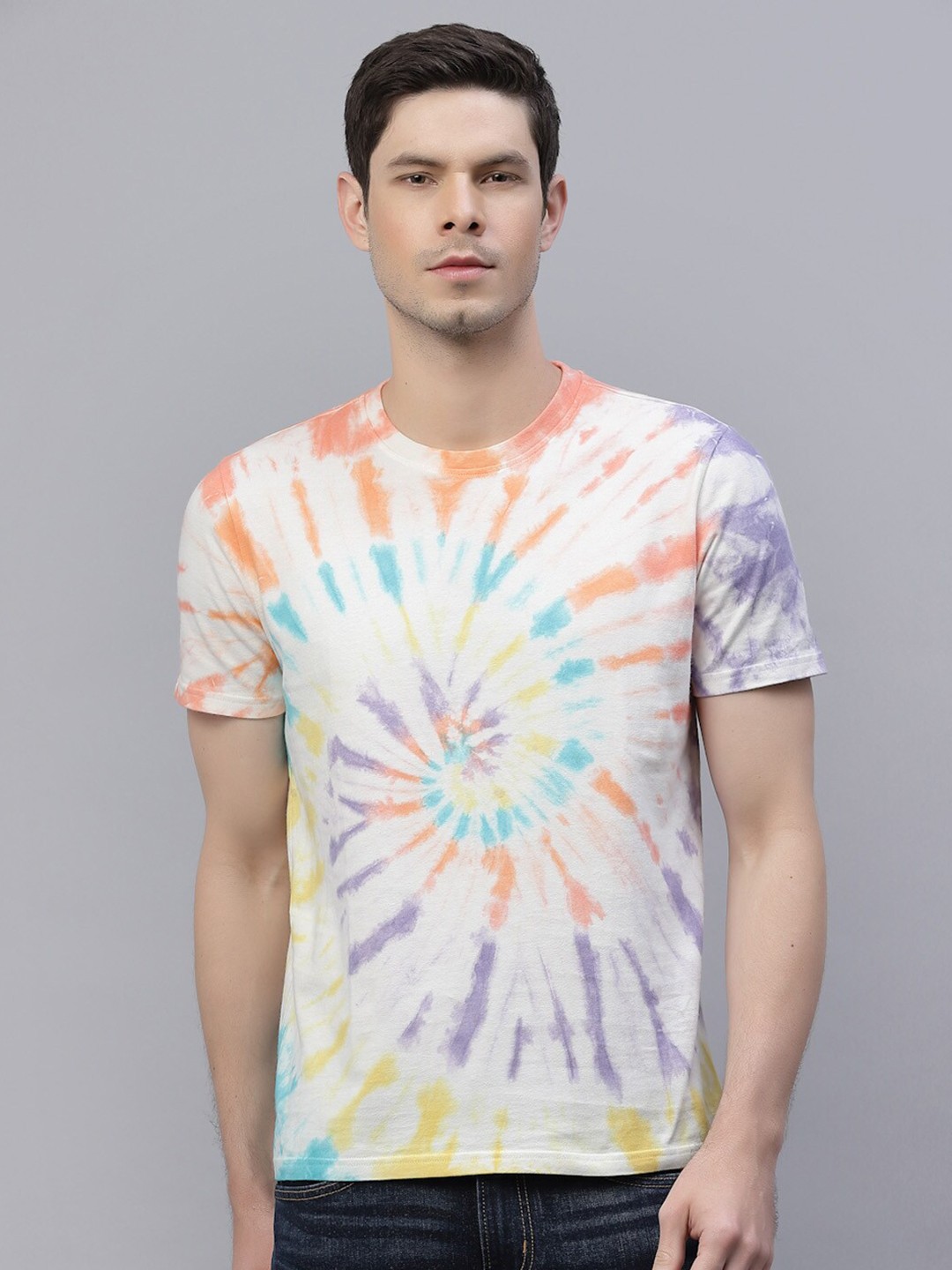 

Nimble Men White & Orange Cotton Tie and Dye Dyed T-shirt
