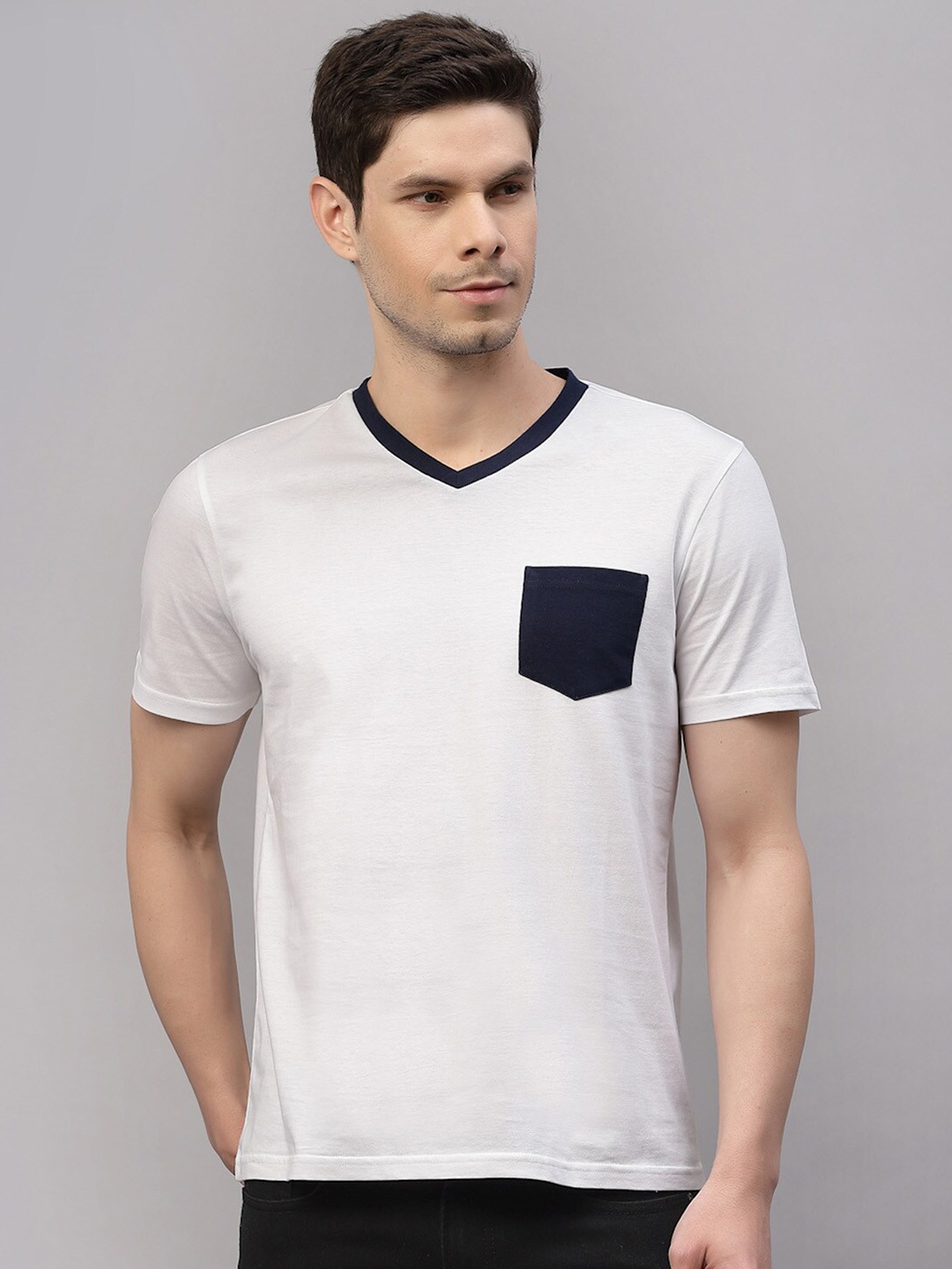 

Nimble Men White Cotton V-Neck T-shirt