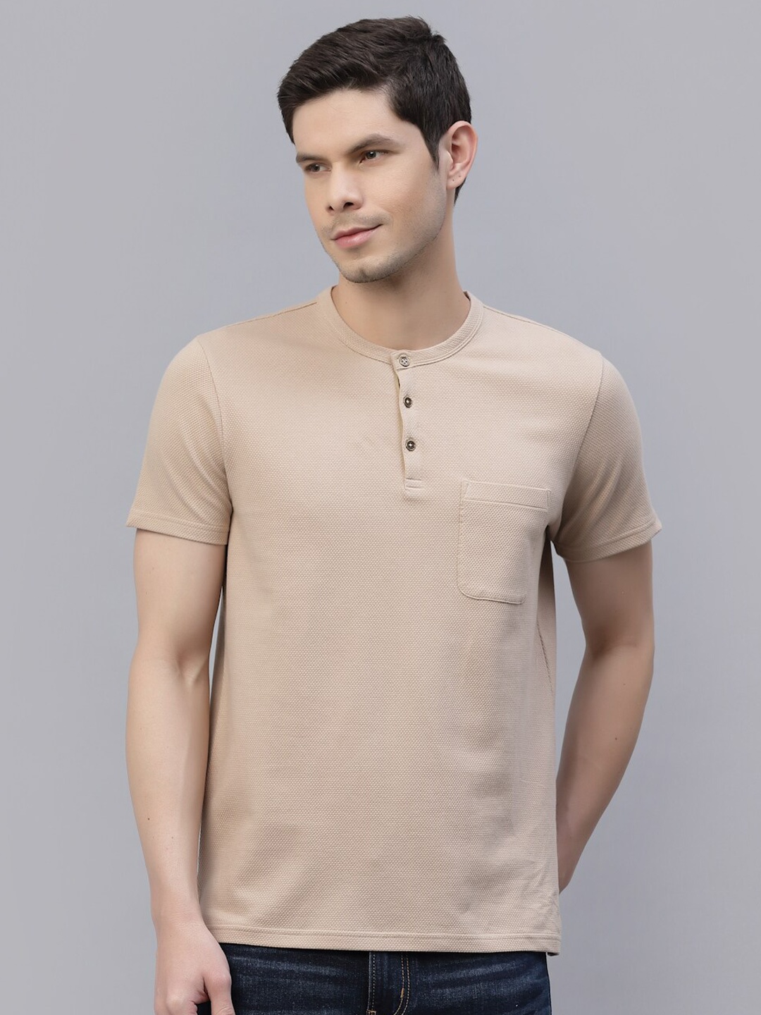 

Nimble Men Beige Cotton Henley Neck T-shirt