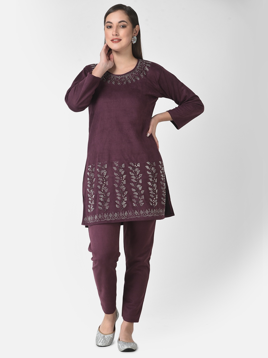 

FNOCKS Ethnic Motifs Printed Beads and Stones Velvet Kurti with Trousers, Violet