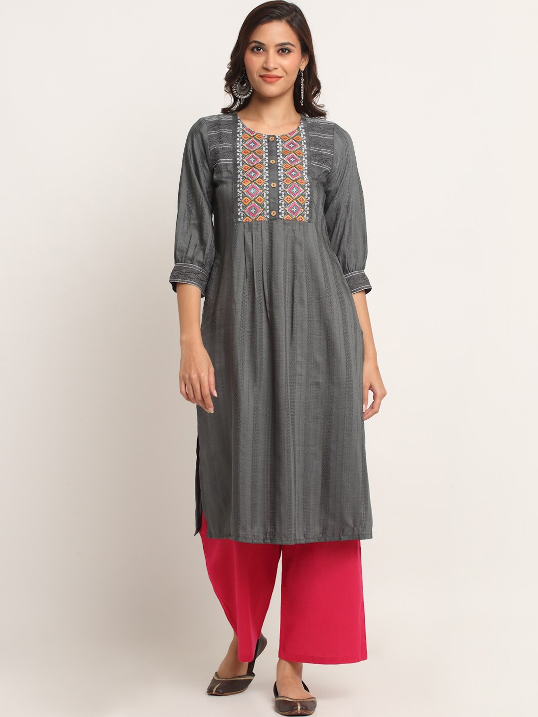 

EK BY EKTA KAPOOR Women Grey Ethnic Motifs Yoke Design Kurta