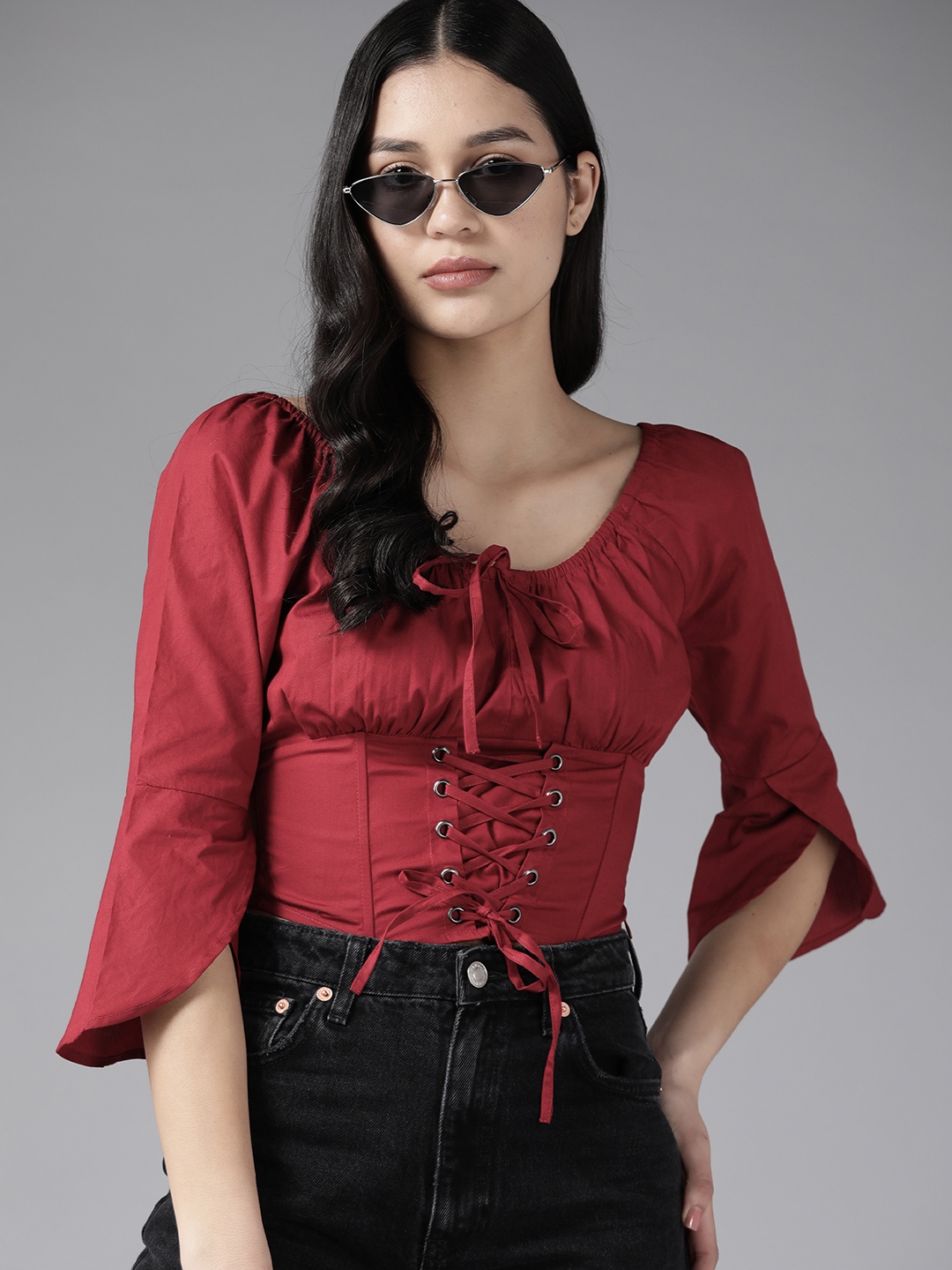 

The Roadster Lifestyle Co. Corset-Style Pure Cotton Empire Crop Top, Maroon