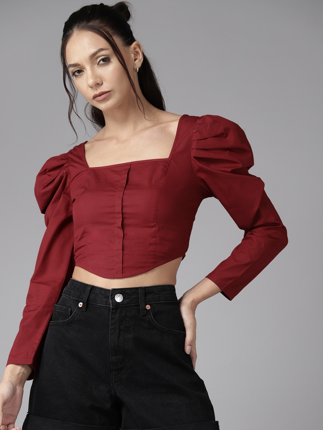 

The Roadster Lifestyle Co. Puff Sleeve Cotton Crop Top, Maroon