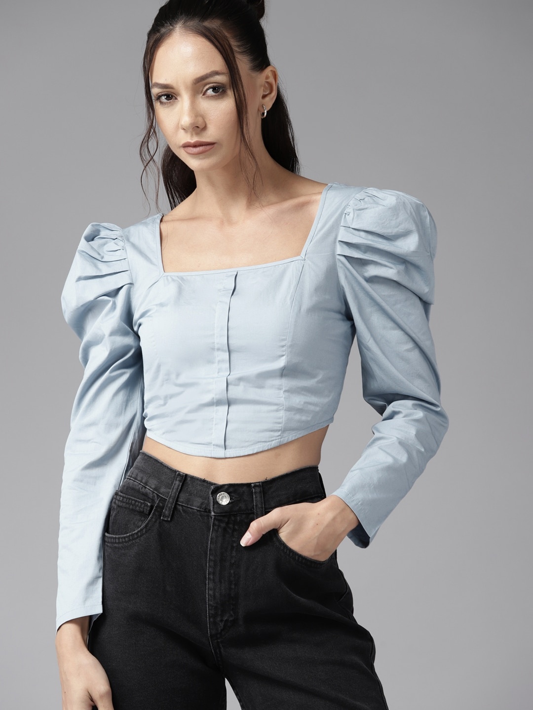 

The Roadster Lifestyle Co. Puff Sleeve Cotton Crop Top, Blue