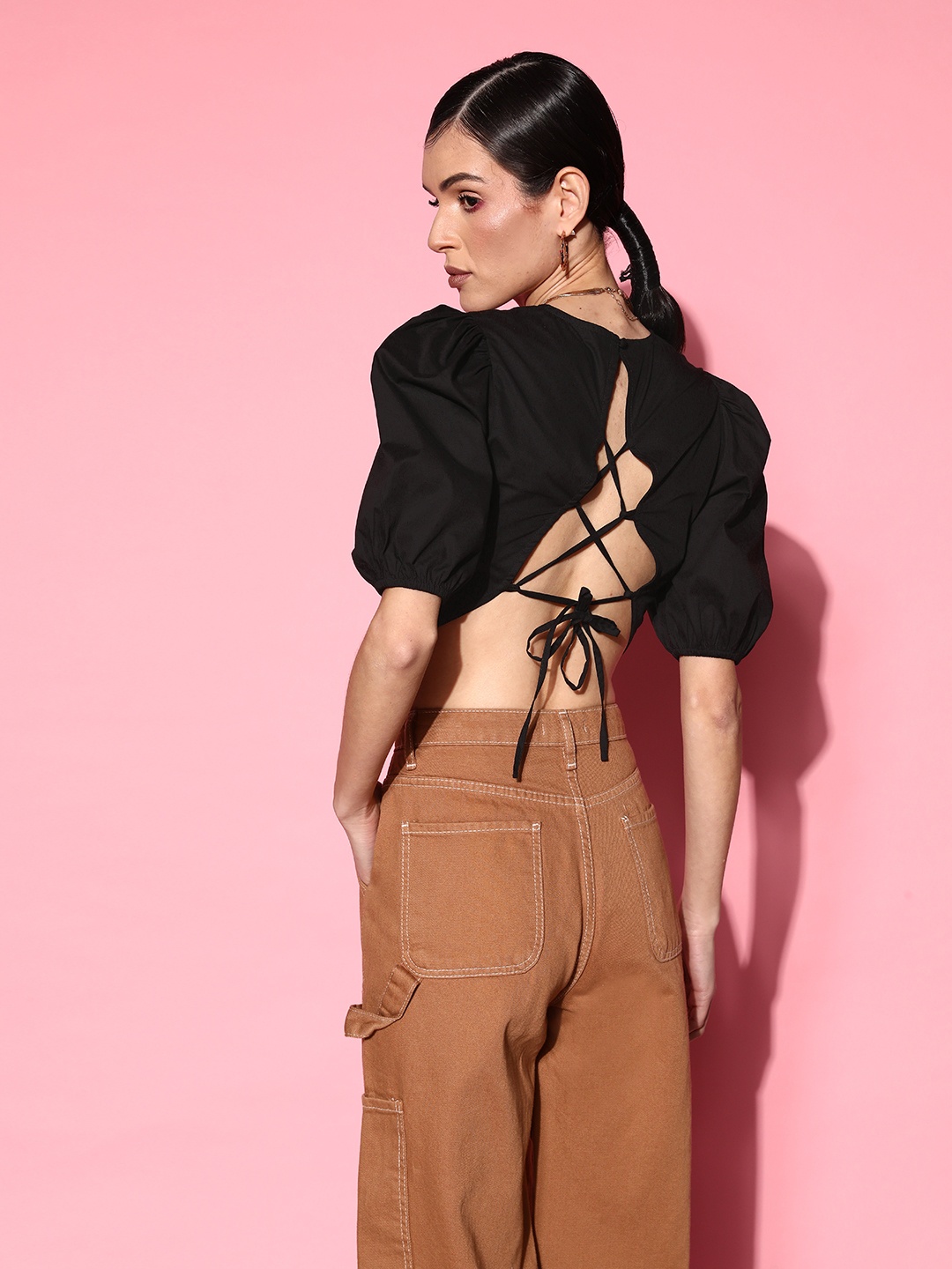 

The Roadster Lifestyle Co. Puff Sleeves Pure Cotton Styled Back Crop Top, Black