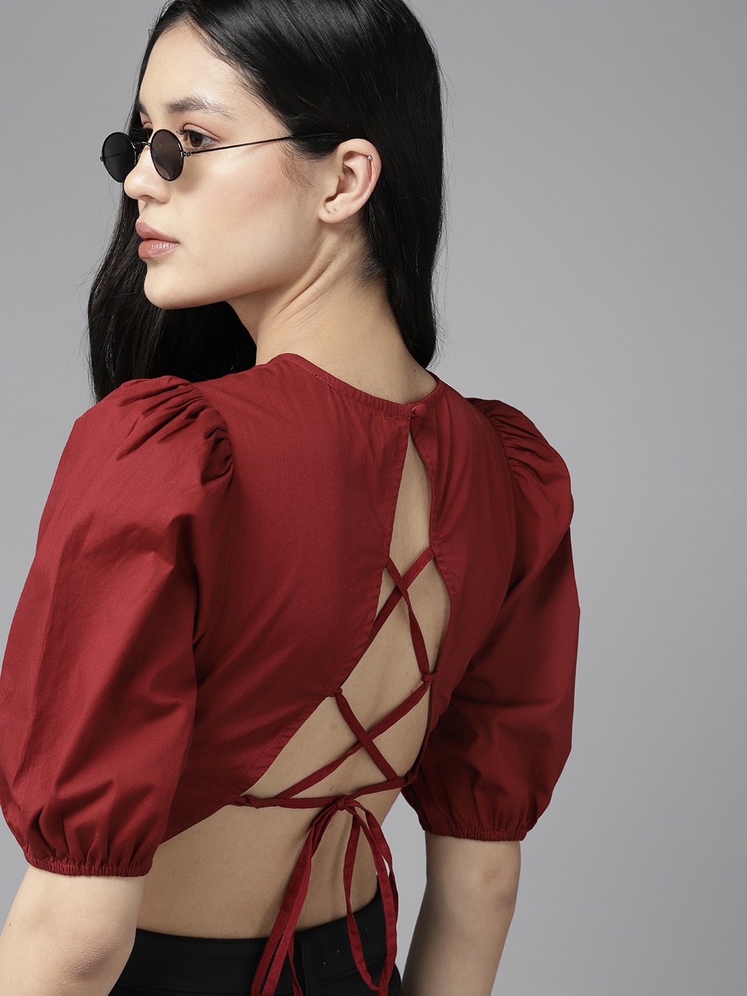 

The Roadster Lifestyle Co. Pure Cotton Styled Back Crop Top, Maroon