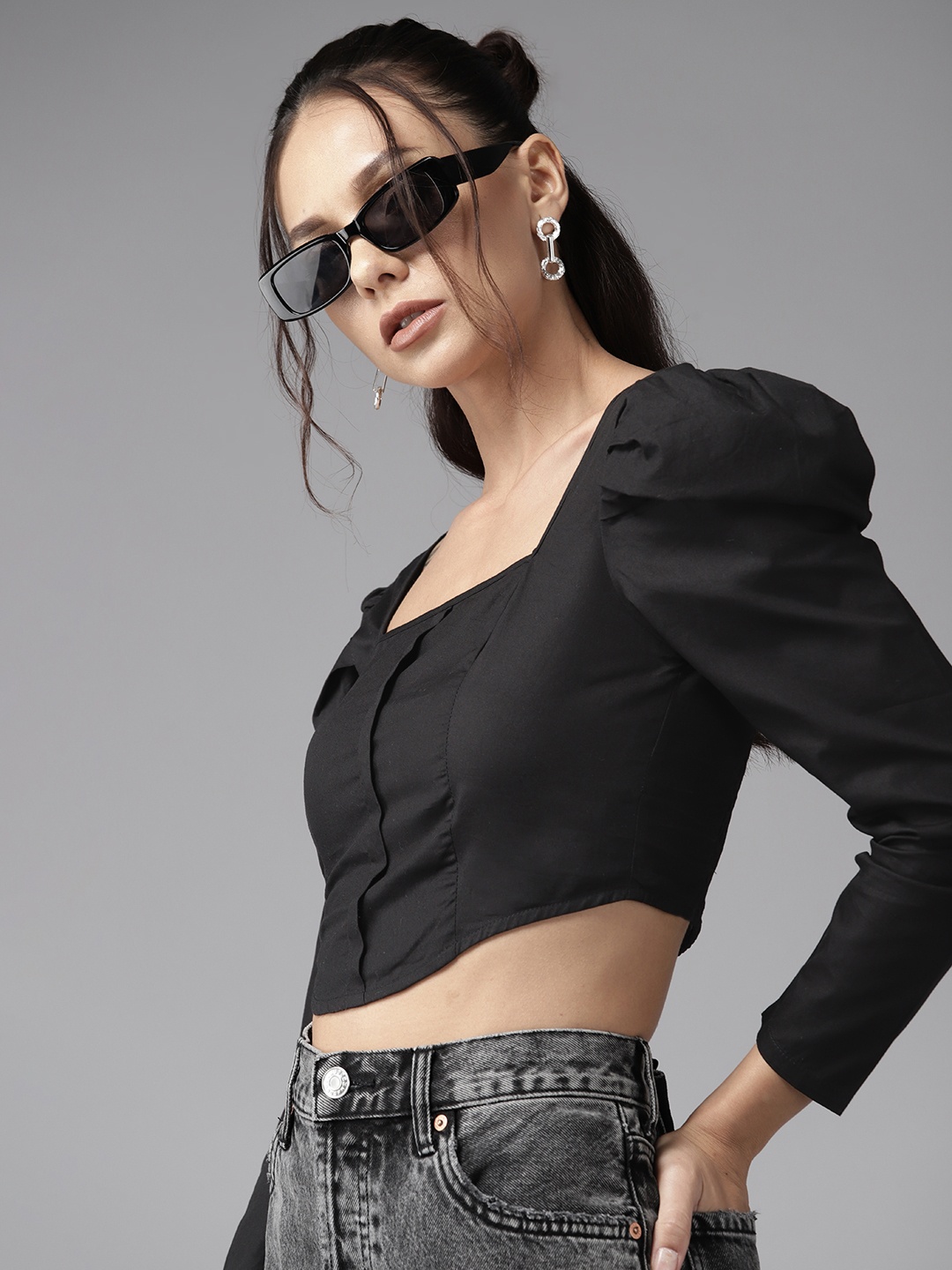 

The Roadster Lifestyle Co. Puff Sleeve Cotton Crop Top, Black