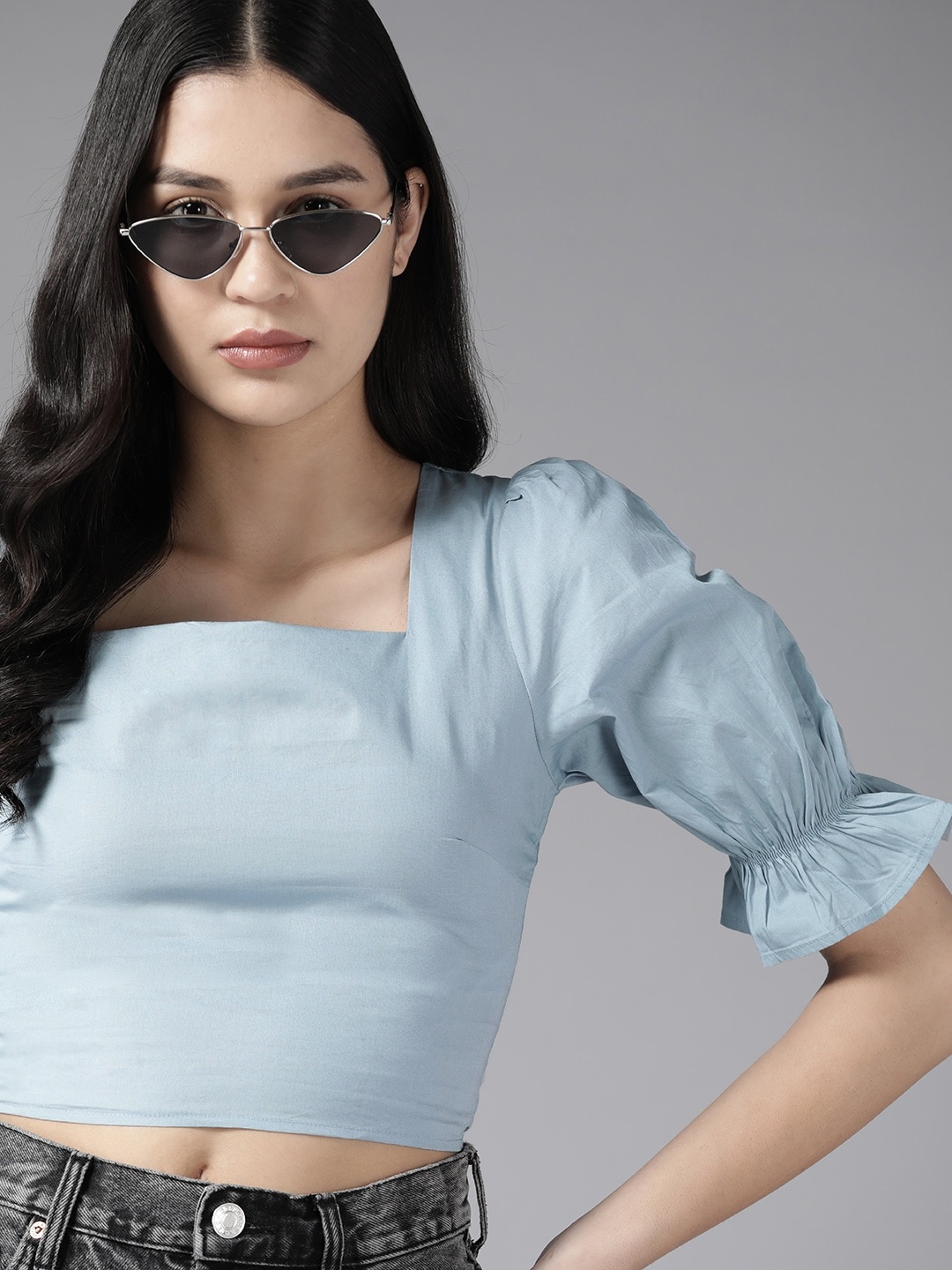 

The Roadster Lifestyle Co. Pure Cotton Square Neck Smocked Crop Top, Blue