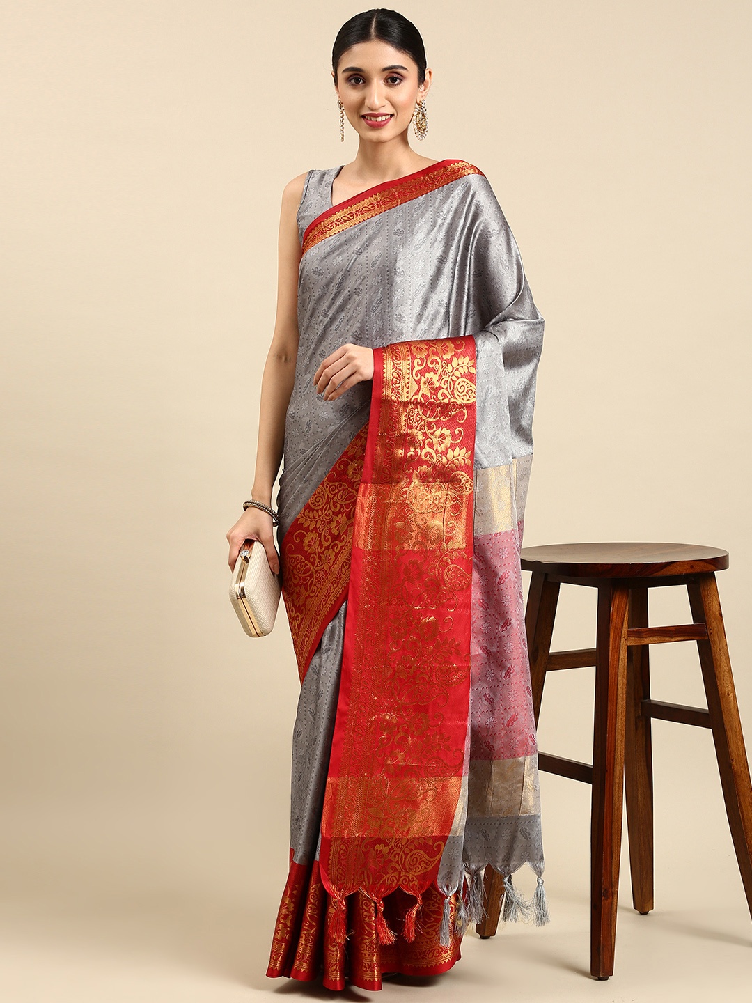 

nirja Fab Ethnic Motifs Silk Cotton Kanjeevaram Saree, Grey