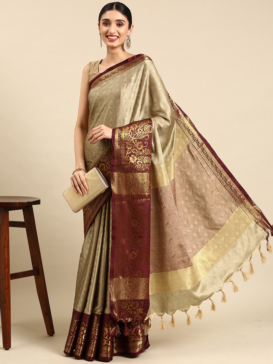 

nirja Fab Ethnic Motifs Kanjeevaram Saree, Tan