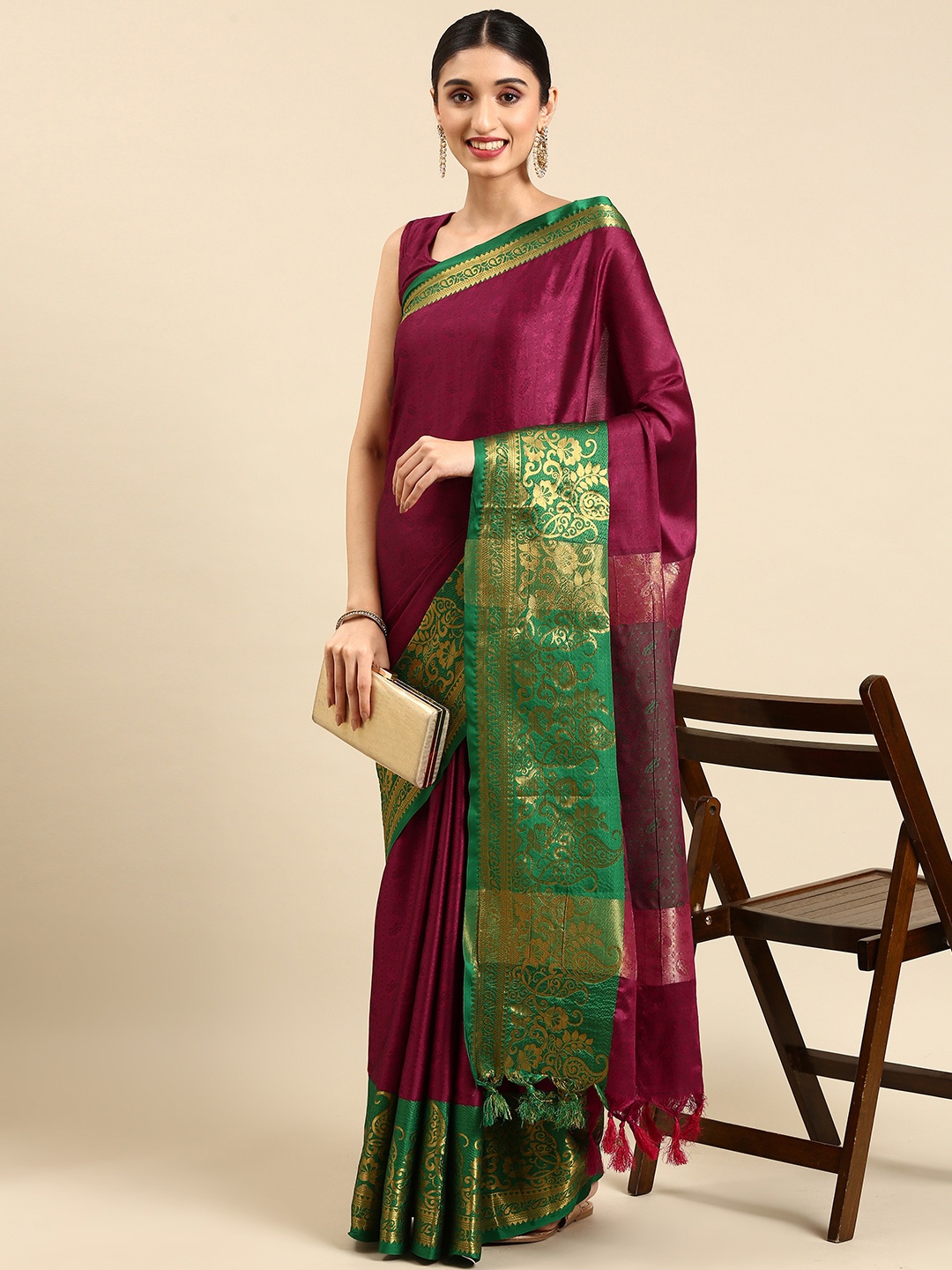 

nirja Fab Ethnic Motifs Kanjeevaram Saree, Magenta
