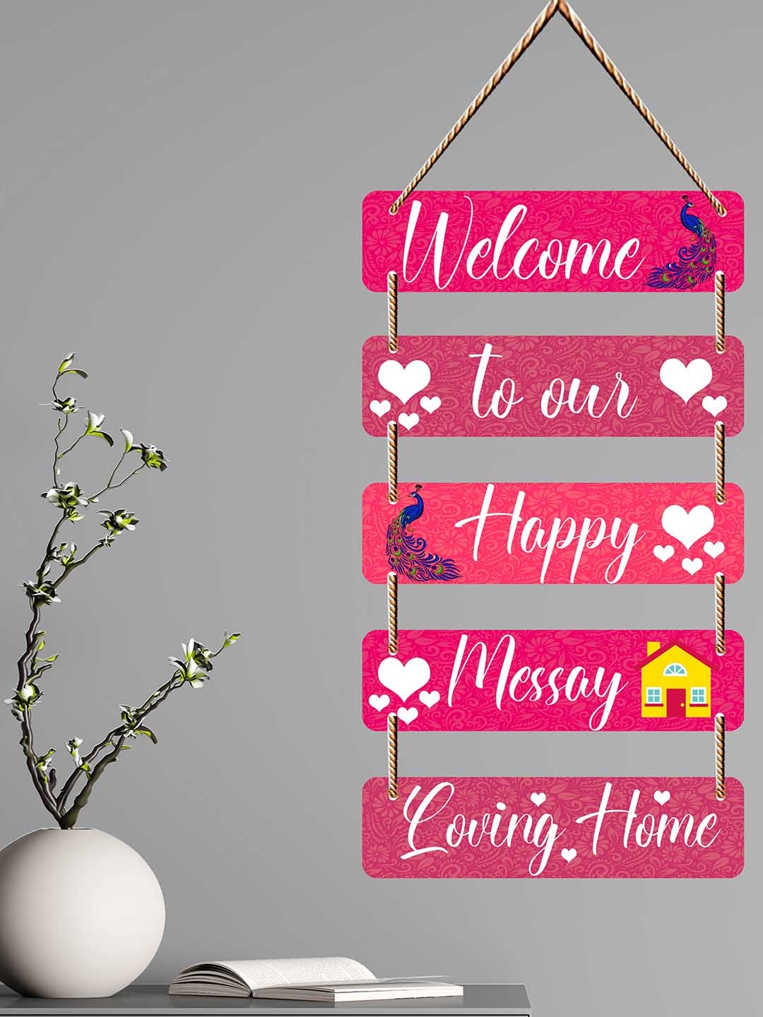 

SAF Pink Homely Quote Printed 5-Layered Wall Hanging