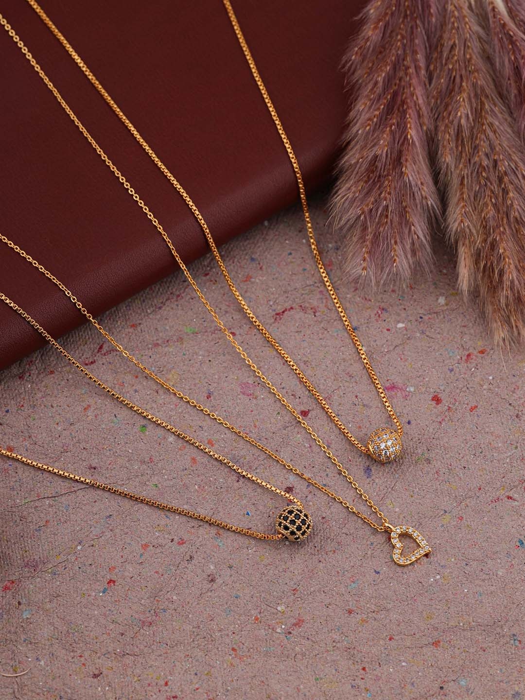 

Brado Jewellery Set Of 3 Gold-Plated CZ-Studded Pendant With Chains