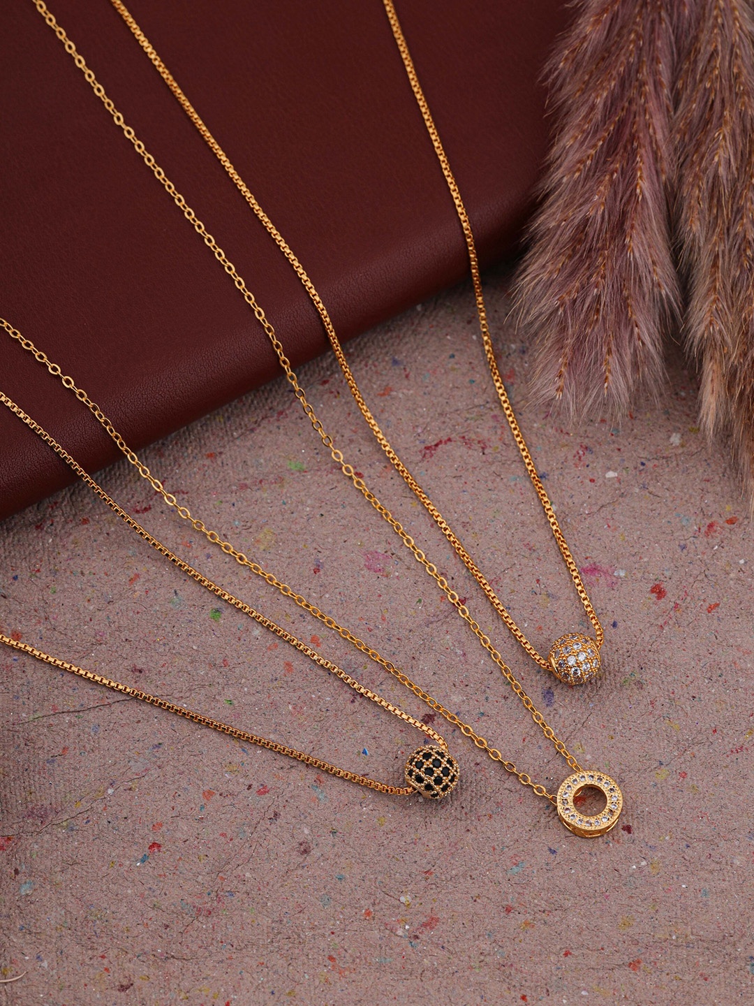 

Brado Jewellery Set of 3 Gold-Plated American Diamond Studded Pendant Chain