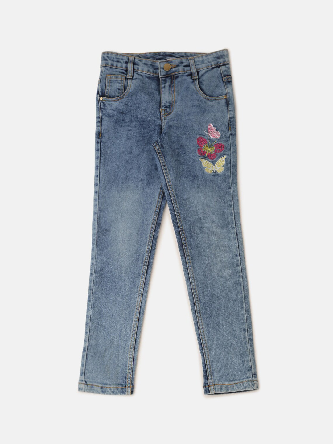

De Moza Girls Regular Fit Heavy Fade Casual Cotton Jeans, Blue